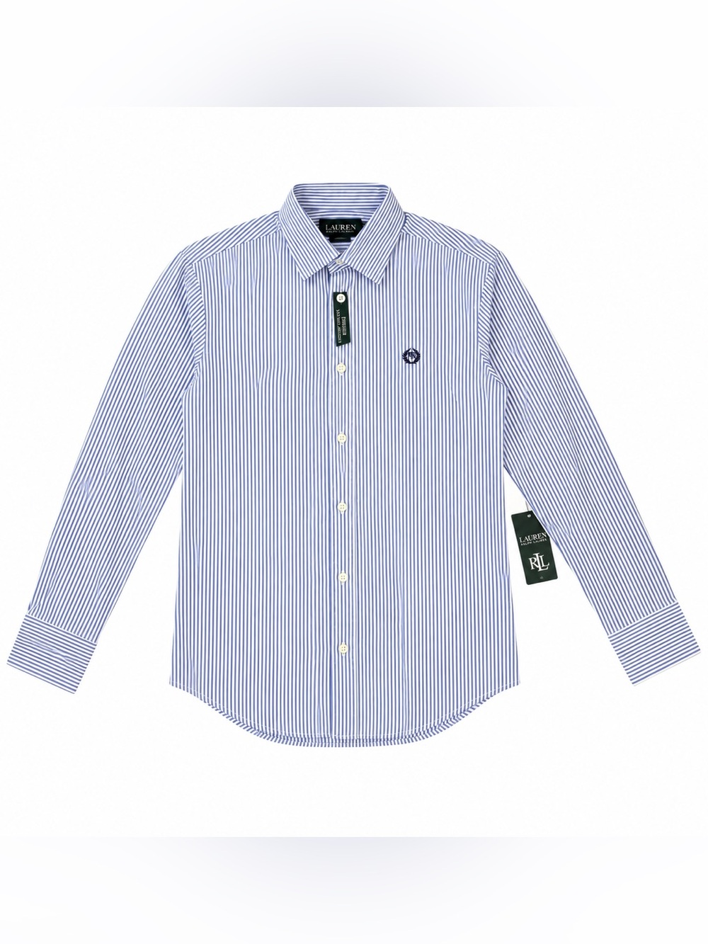 NWT Lauren Ralph Lauren Girls Blue White Pinstripe Button Down Shirt Size 10
